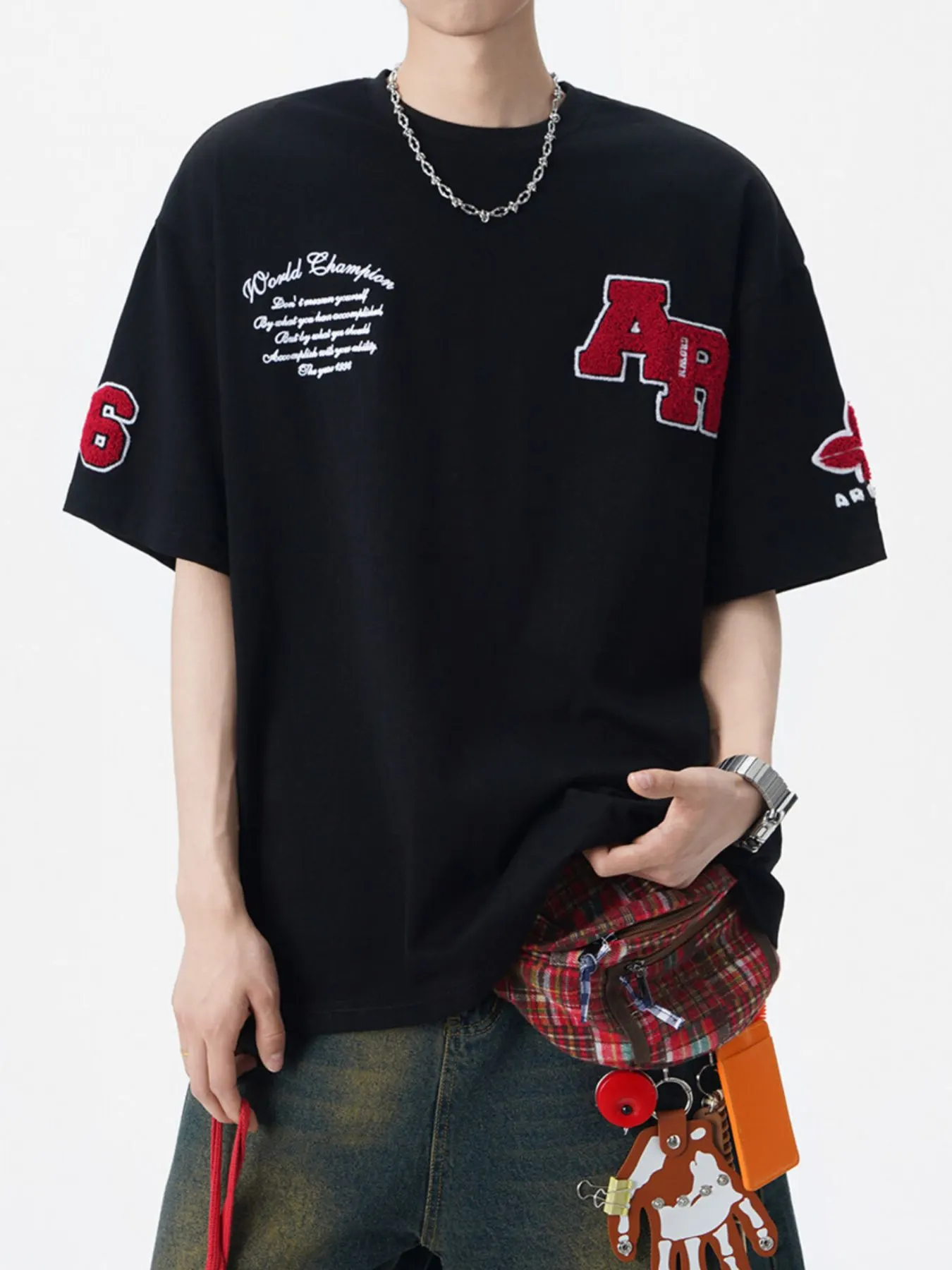 Men's Plus Size Varsity Style Applique Round Neck T-Shirt